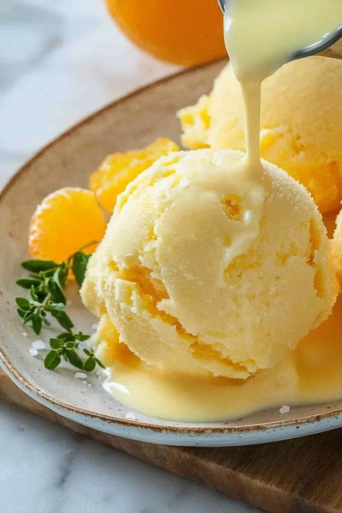 A bowl of homemade Ninja Creami orange sherbet topped with slices of orange.