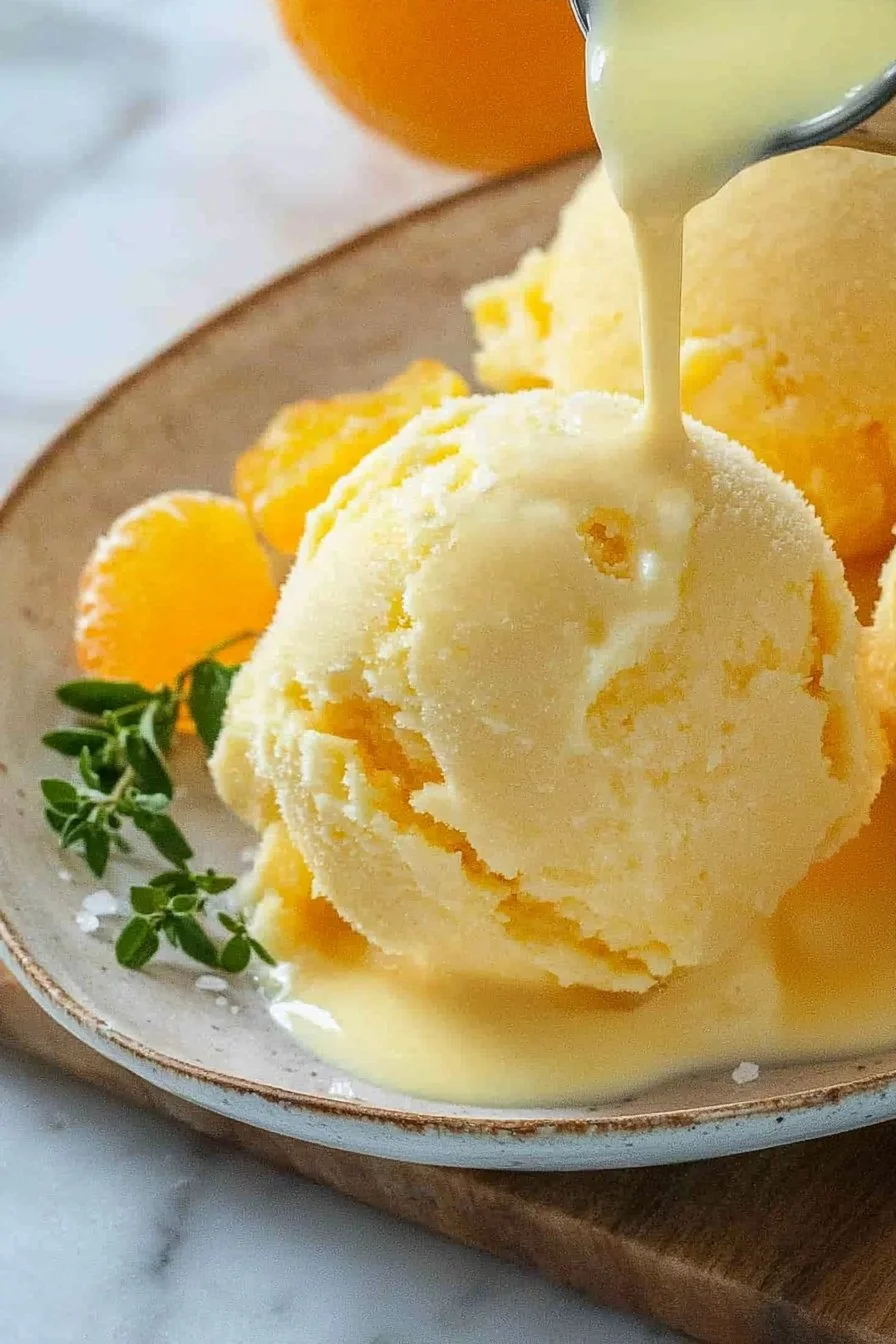 A bowl of homemade Ninja Creami orange sherbet topped with slices of orange.