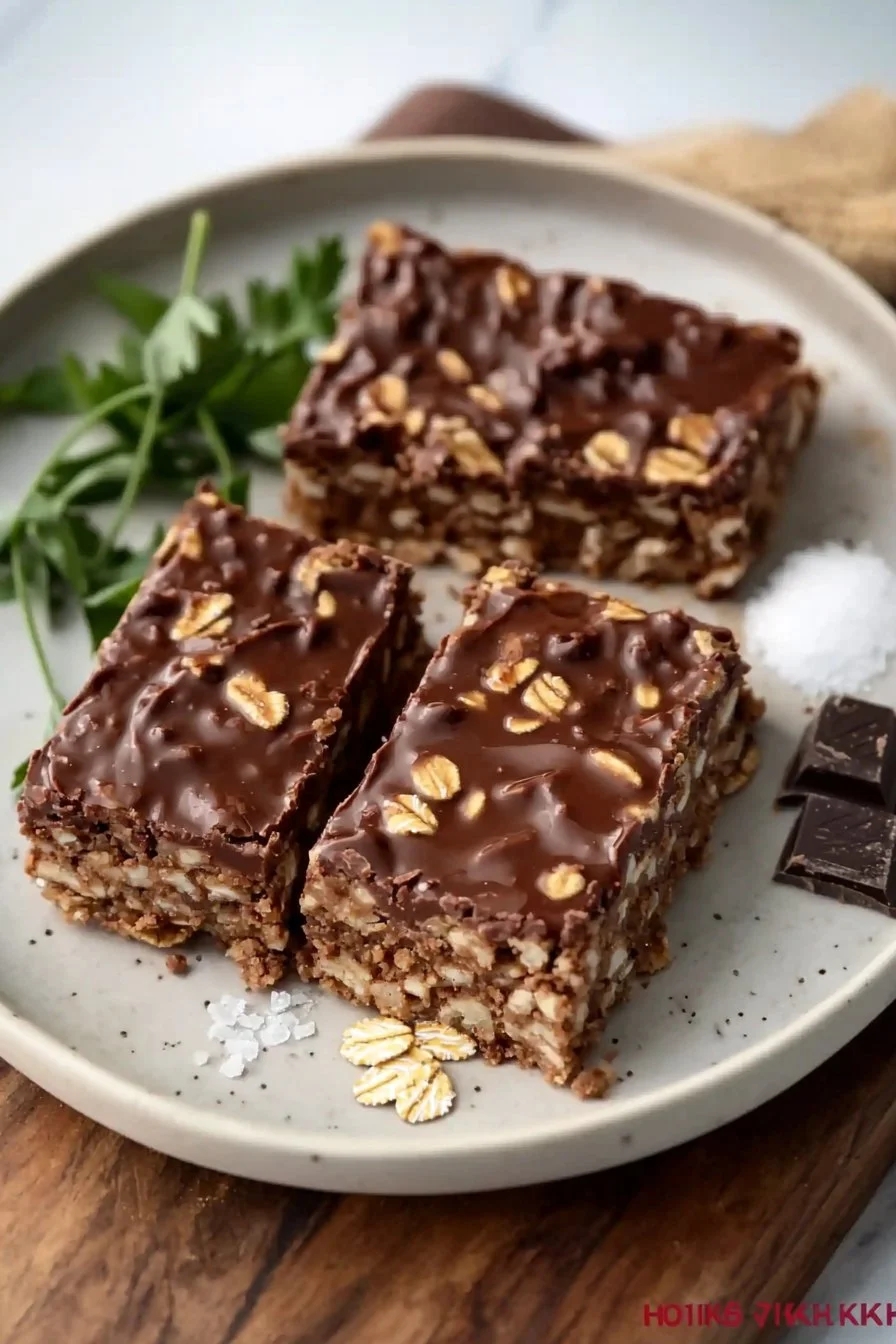 No-bake chocolate oat bars topped with chocolate drizzle and oats.