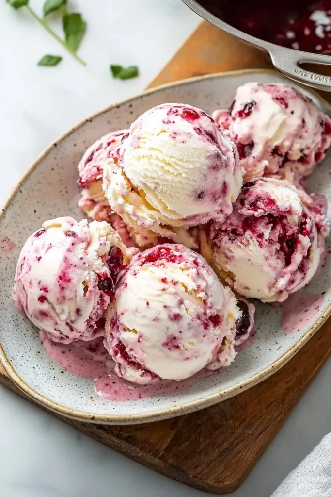 No churn cherry cheesecake ice cream served in a bowl with cherry topping