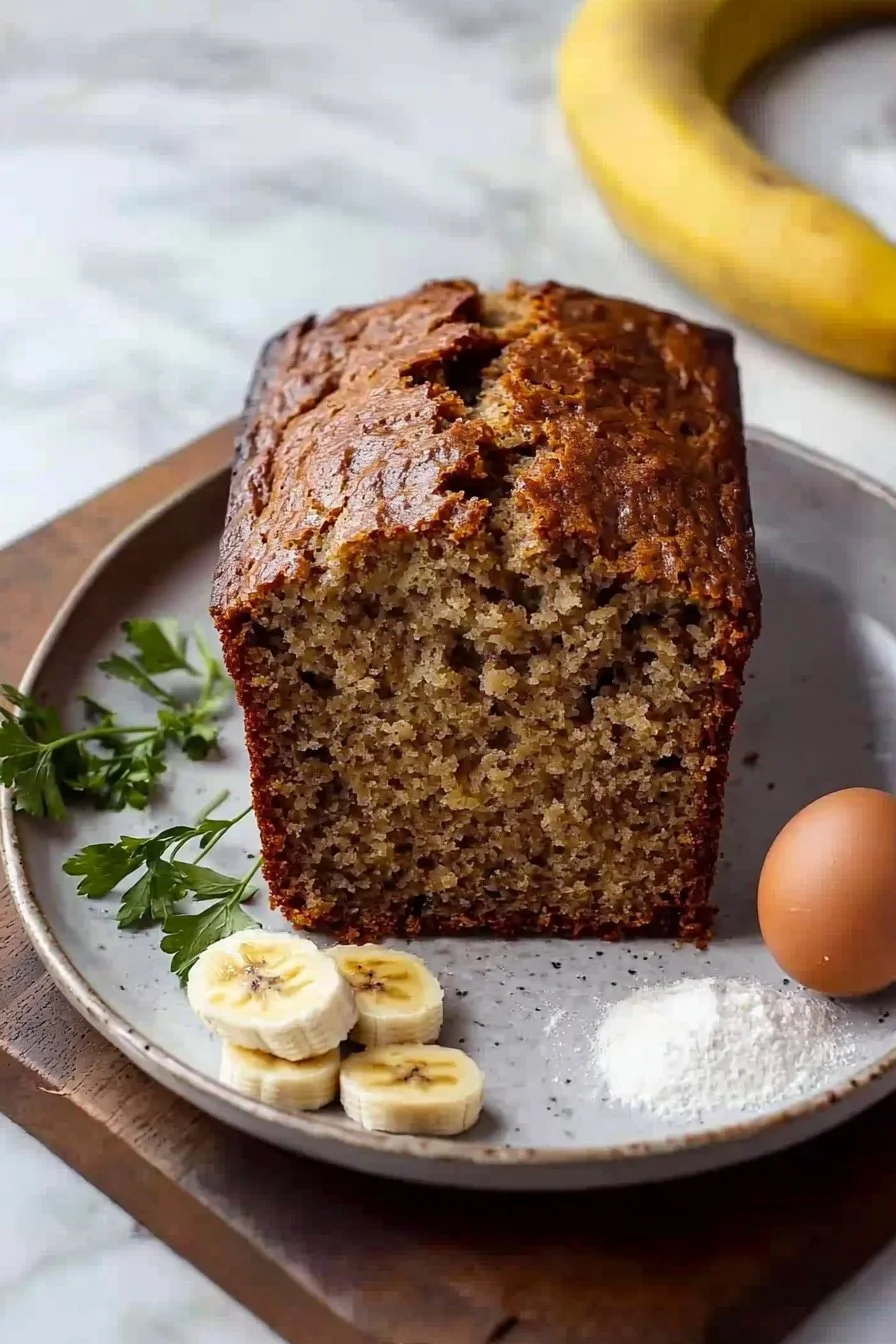 Slice of homemade one bowl banana bread on a wooden cutting board