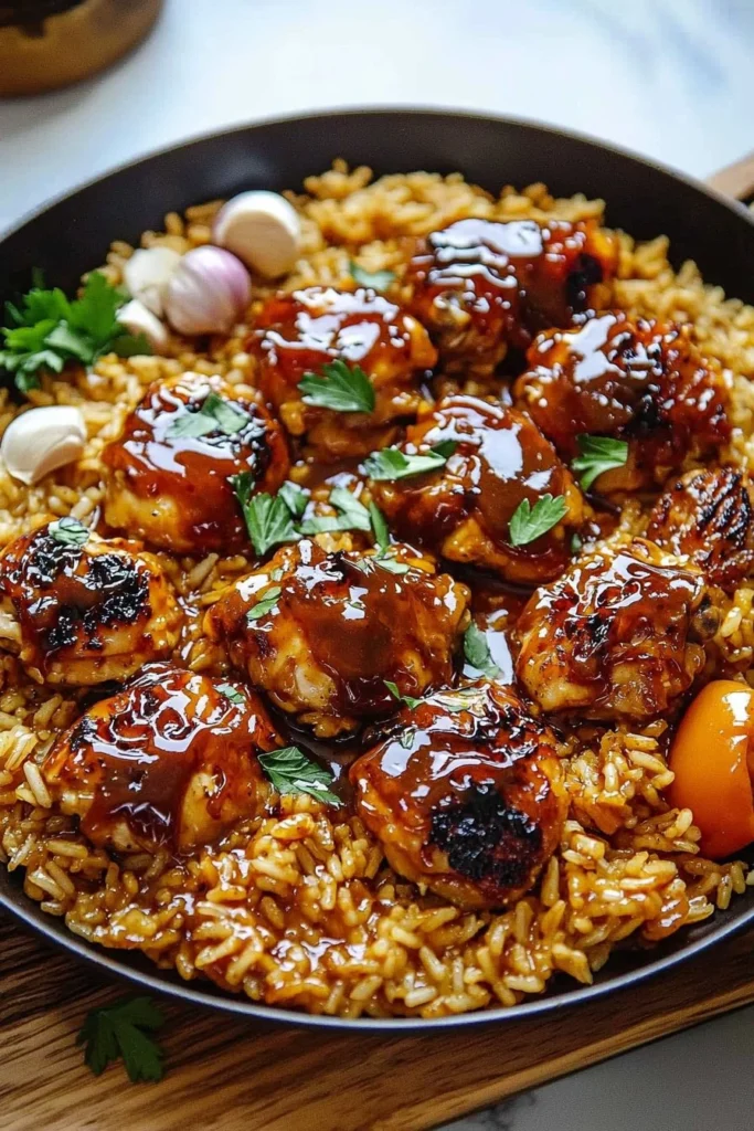 One-Pan Honey BBQ Chicken served with flavorful rice