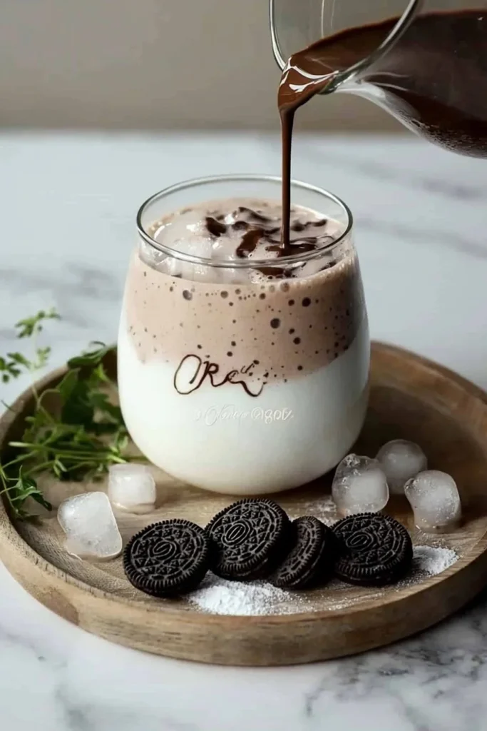 Oreo milk drink with chocolate cold foam in a glass