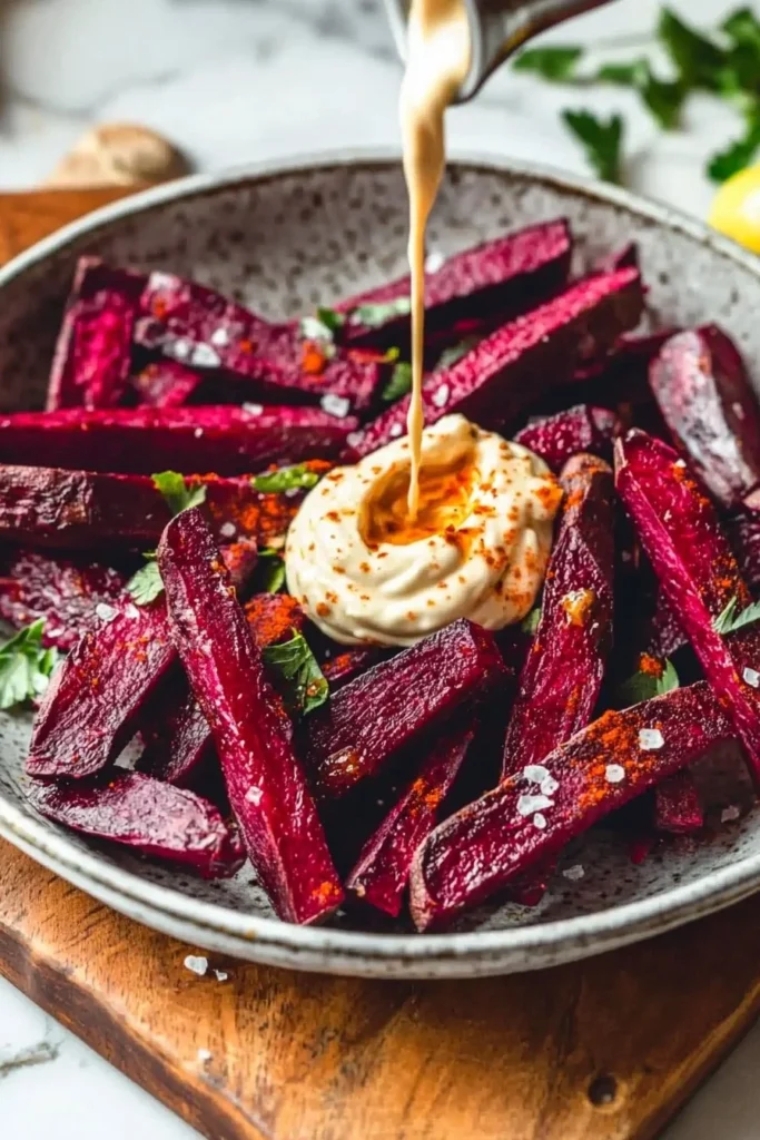 Oven baked beet fries served with spicy aioli sauce