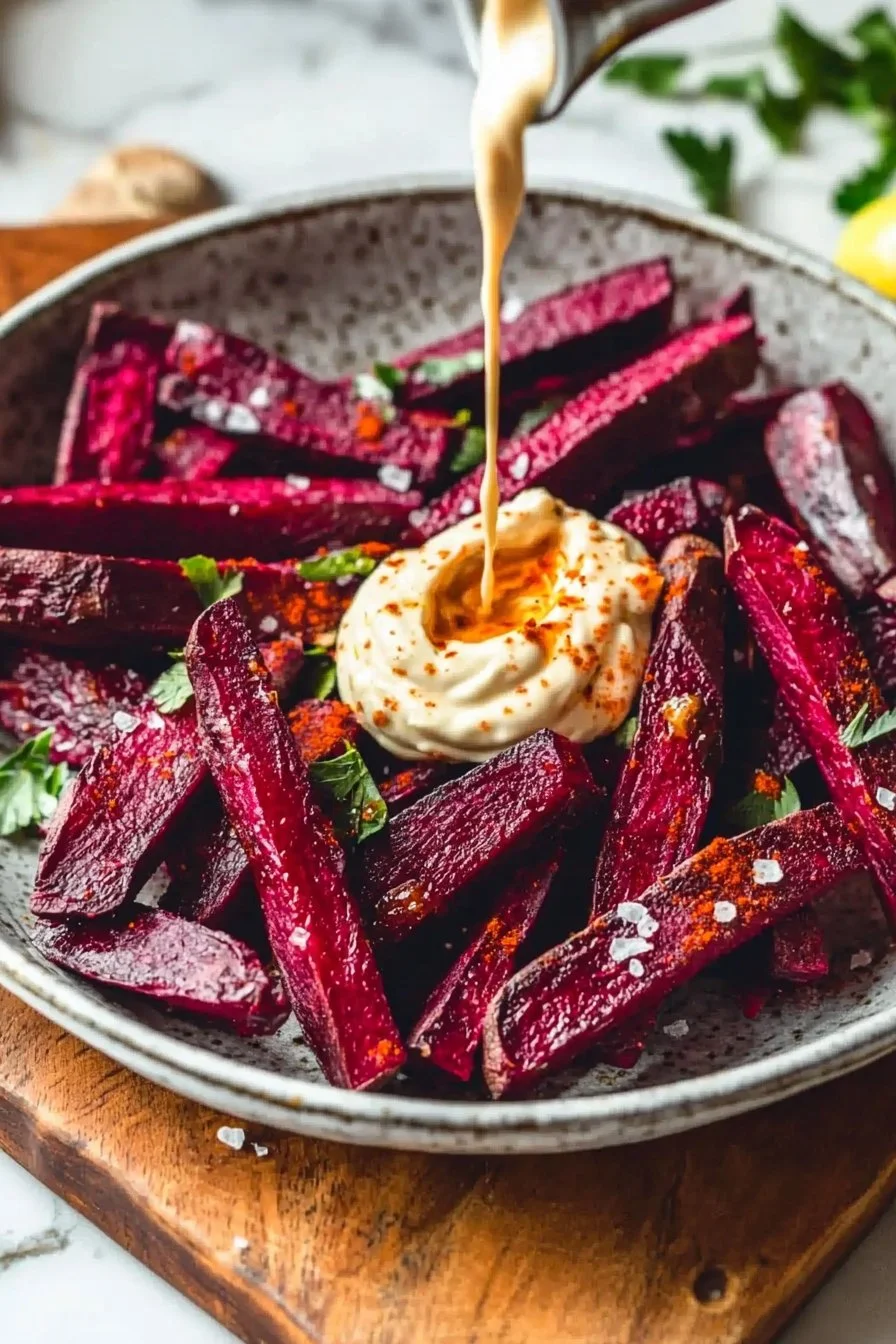 Oven baked beet fries served with spicy aioli sauce