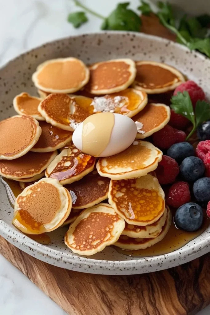 A bowl of tiny pancake cereal with syrup and fruit toppings