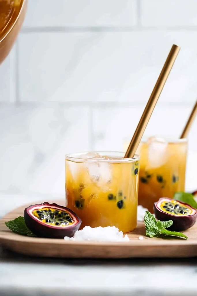 A refreshing glass of Passion Fruit Iced Tea garnished with a slice of lemon.