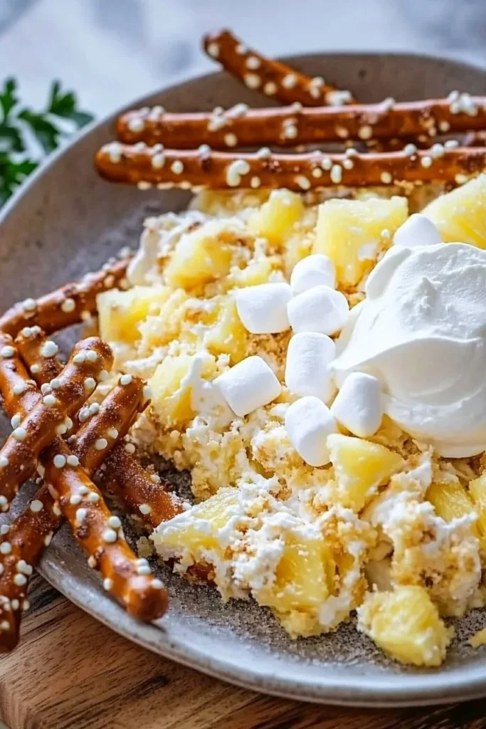 A bowl of Pineapple Pretzel Fluff dessert with pineapple chunks and pretzel pieces