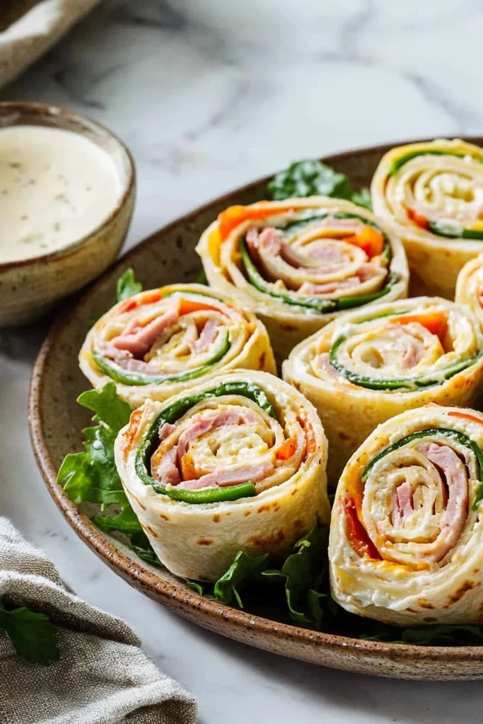Colorful pinwheel sandwiches filled with vegetables and spreads rolled up for bite-sized snacks.