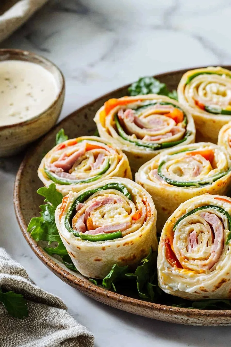 Colorful pinwheel sandwiches filled with vegetables and spreads rolled up for bite-sized snacks.