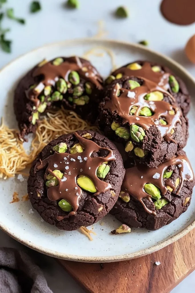 Pistachio Kunafa Chocolate Cookies drizzled with chocolate and topped with pistachio nuts