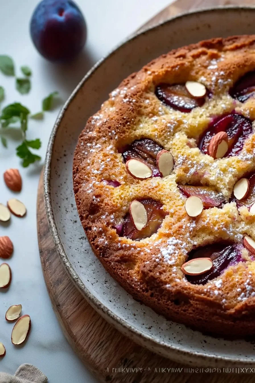 Deliciously baked Plum-Almond Cake topped with fresh plums and almond slices.