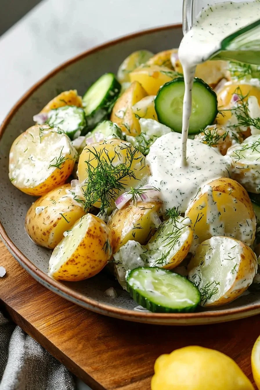 Delicious Potato Cucumber Salad with Creamy Dill Dressing served in a bowl