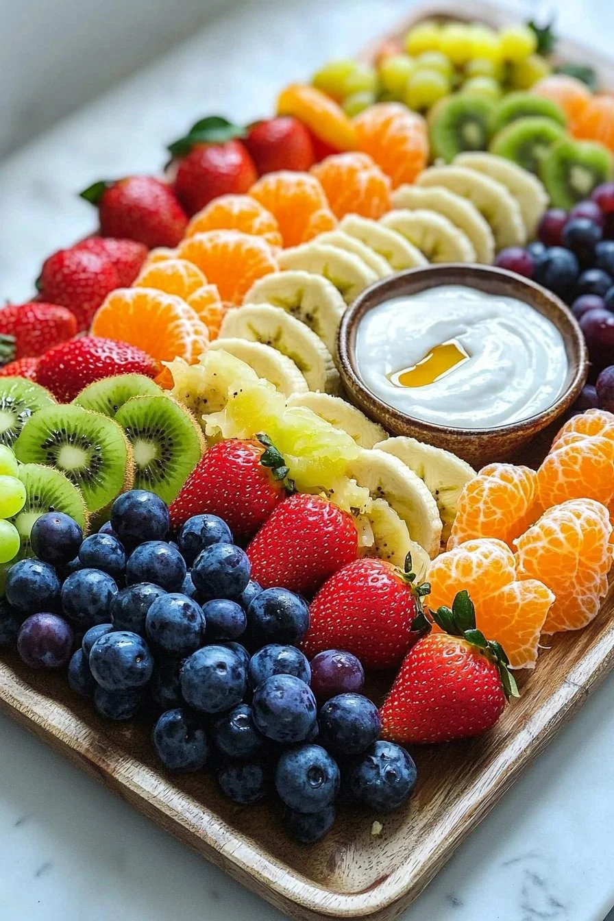 Colorful rainbow fruit platter with a creamy 2-ingredient dip.