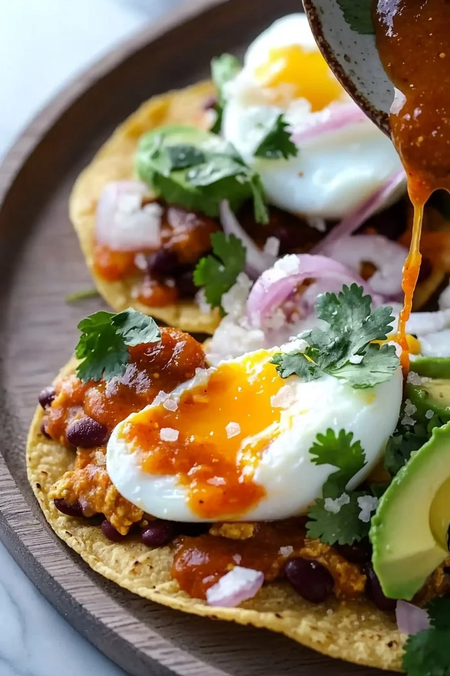 Red Chile Tostadas topped with Eggs, a flavorful breakfast dish