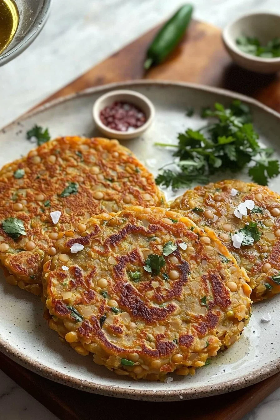 Red Lentil Savory Pancakes served on a plate with fresh herbs