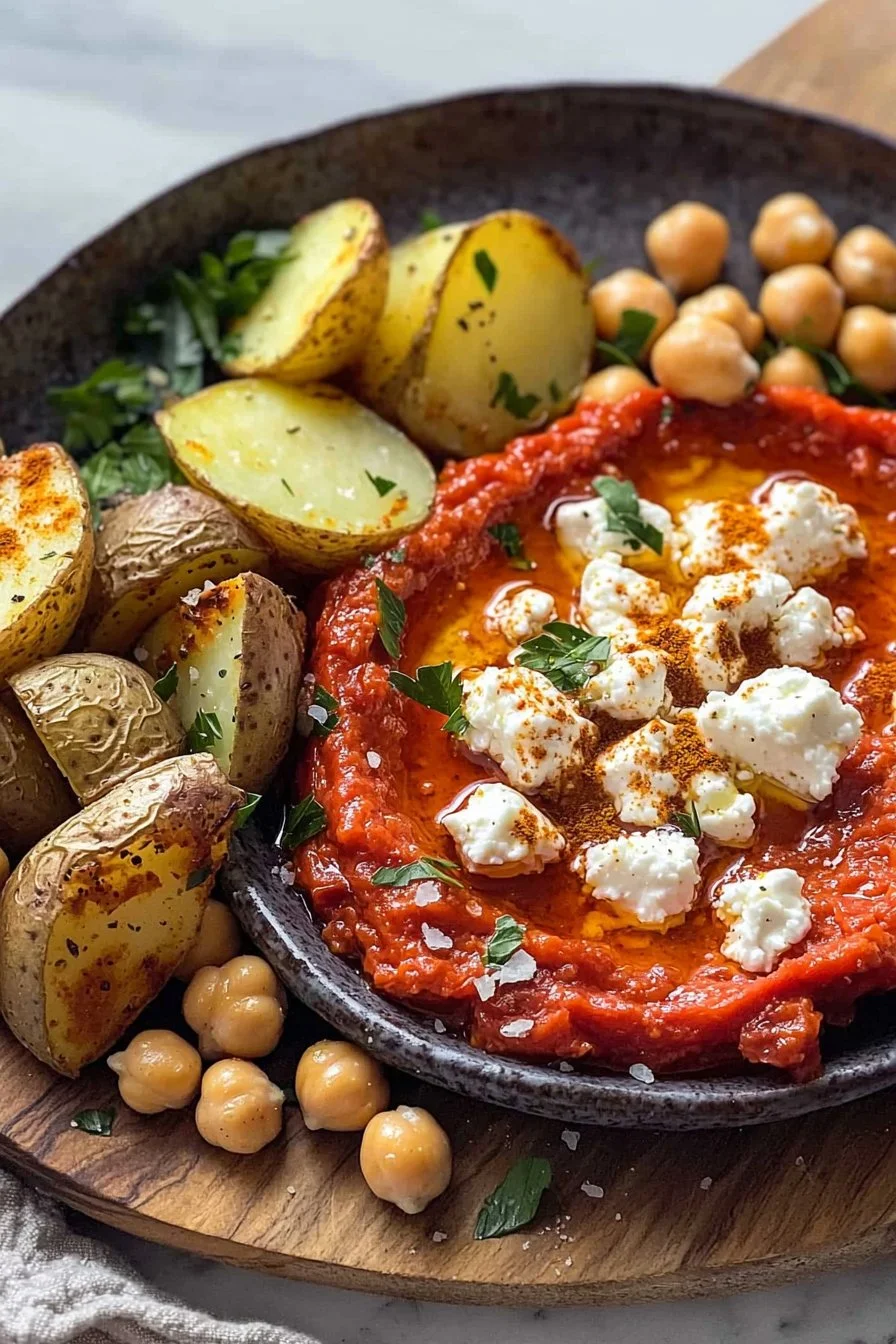 Red Pepper Feta Dip with Roasted Potatoes & Chickpeas