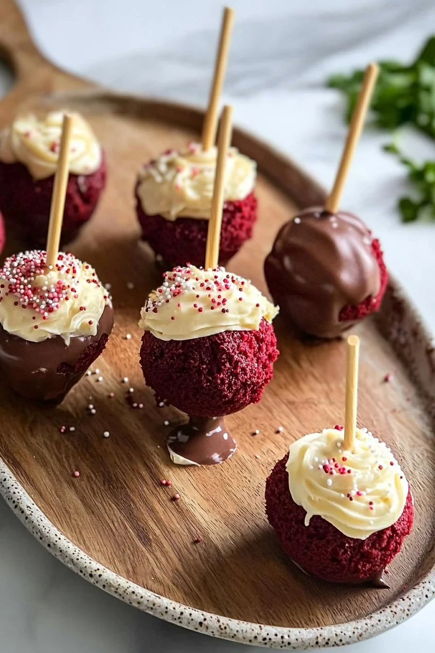 Delicious red velvet cake pops decorated with cream cheese frosting.