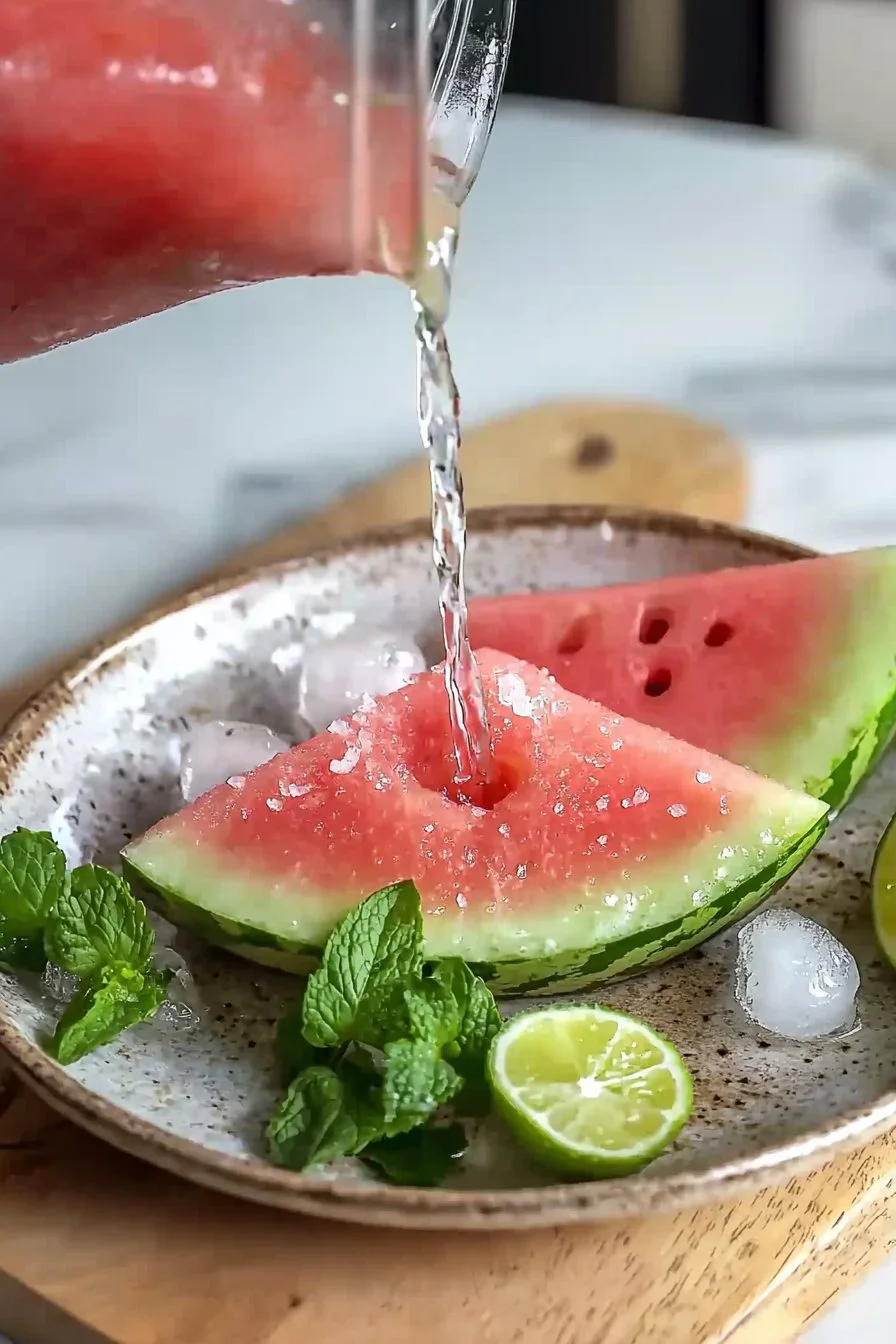 Refreshing watermelon mint drink served in a glass with fresh mint leaves.
