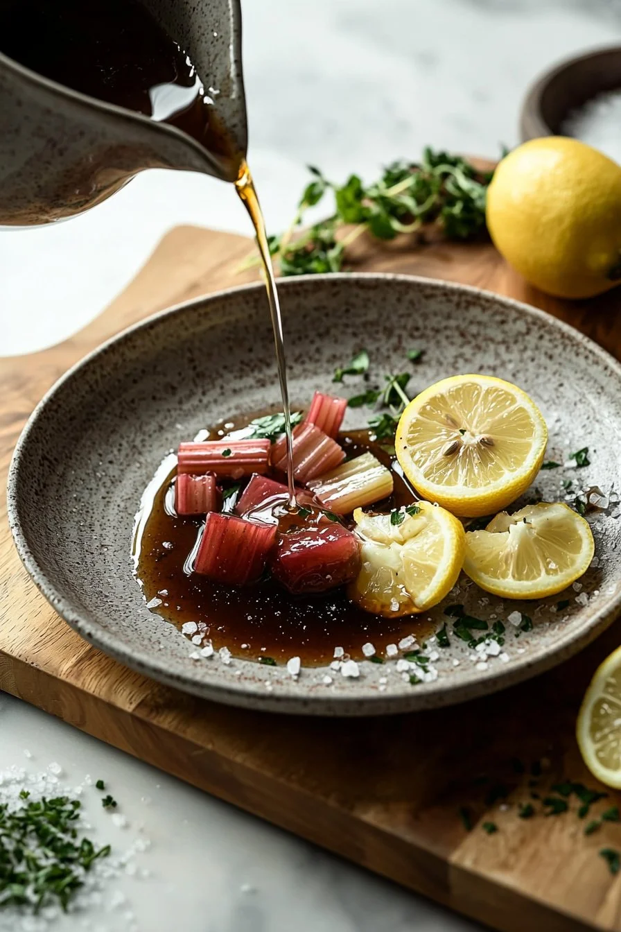 A vibrant rhubarb lemon reduction served in a glass jar, perfect for desserts.