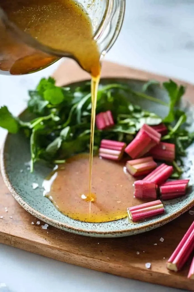 Bottle of homemade rhubarb vinaigrette on a wooden table with fresh rhubarb stalks.