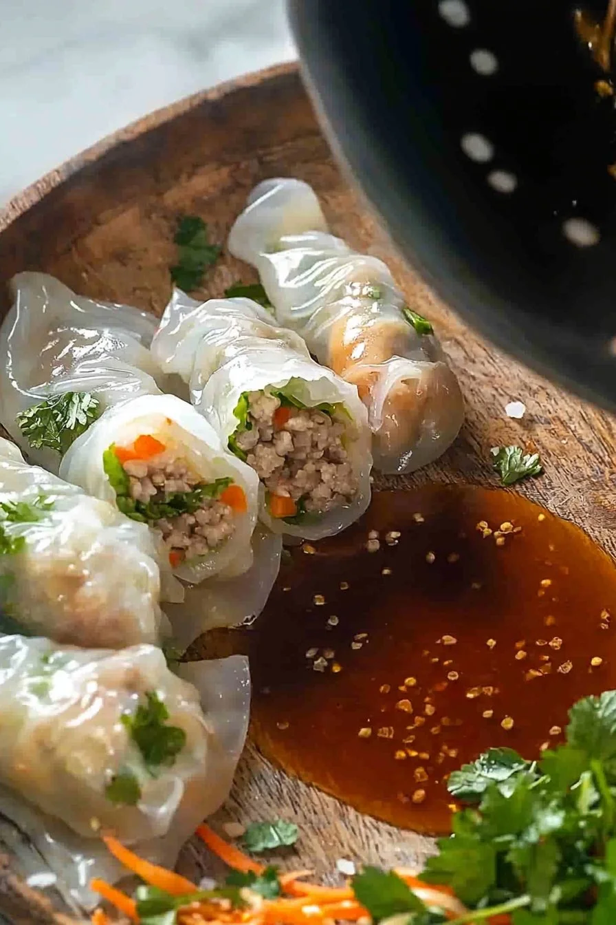 Homemade Rice Paper Dumplings filled with vegetables and herbs