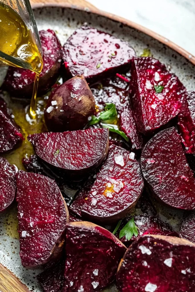 Oven-roasted beets served on a plate, showcasing their vibrant color and texture.