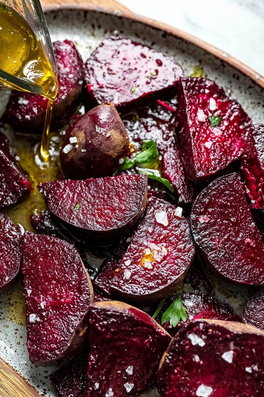 Oven-roasted beets served on a plate, showcasing their vibrant color and texture.
