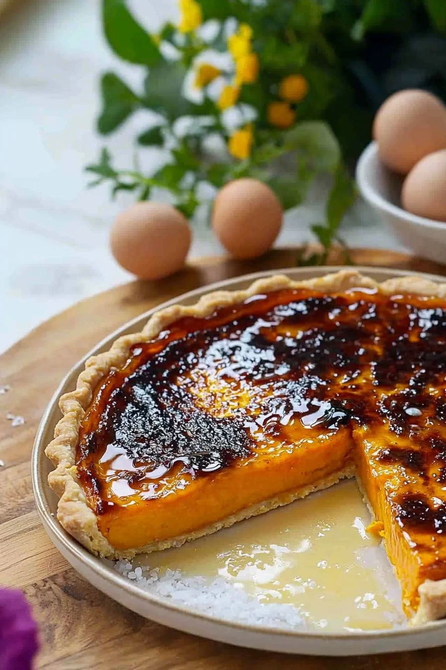 Delicious roasted Japanese sweet potato crème brûlée tart dessert topped with caramelized sugar