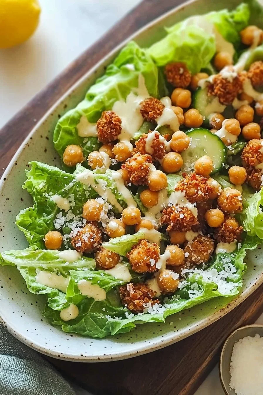 Romaine Salad topped with crispy chickpea croutons in a vibrant bowl.
