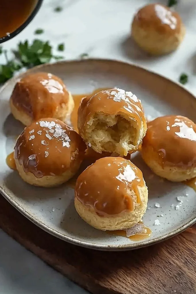 Delicious salted caramel profiteroles topped with caramel sauce