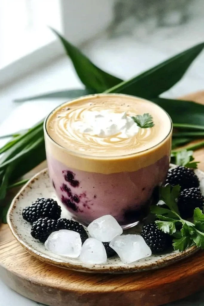 Salted Honey Latte topped with Blackberry Cold Foam in a coffee cup