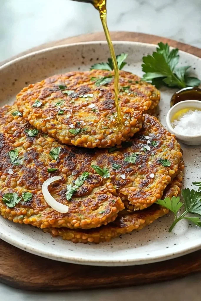 Savory red lentil pancakes topped with herbs and spices on a plate