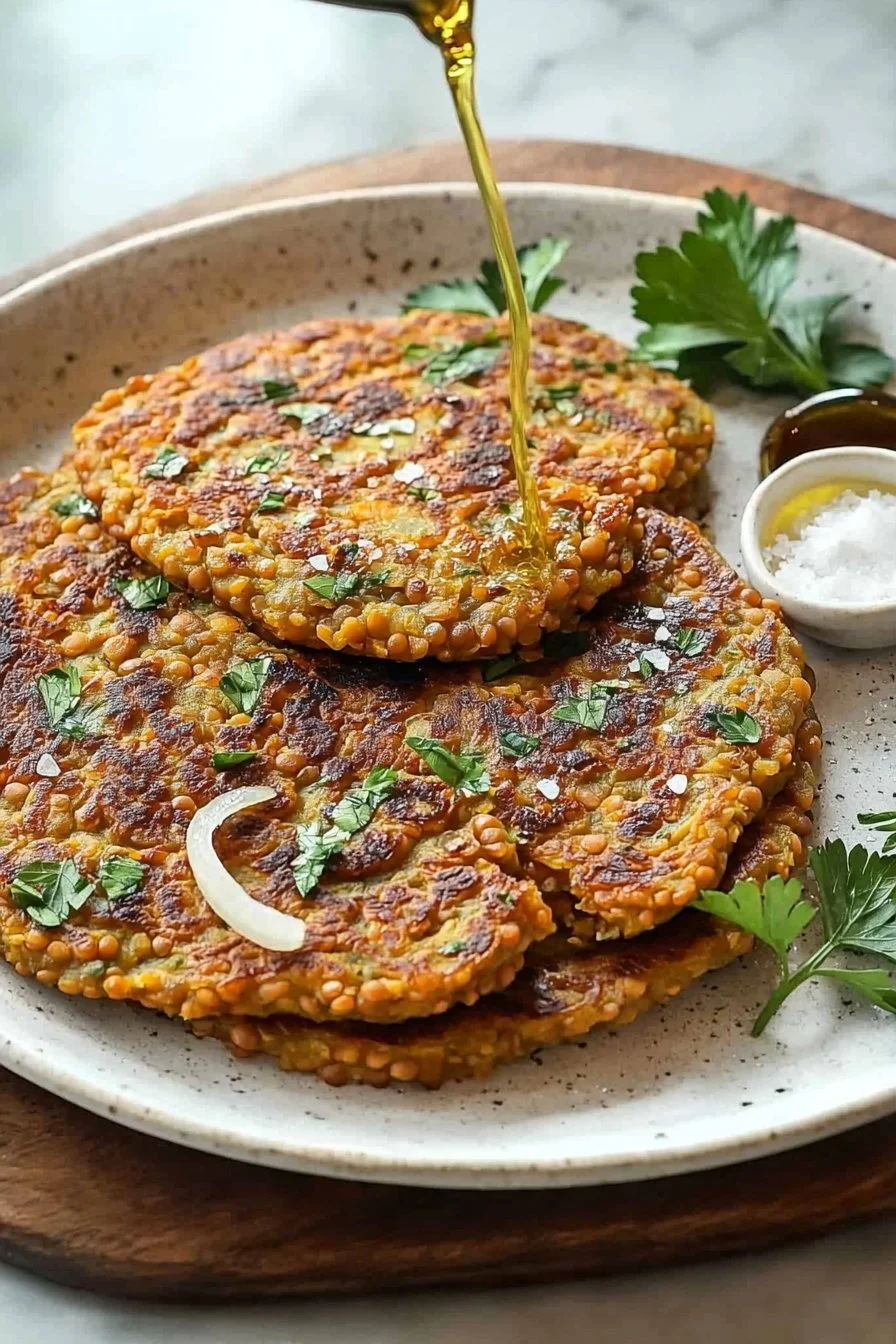 Savory red lentil pancakes topped with herbs and spices on a plate