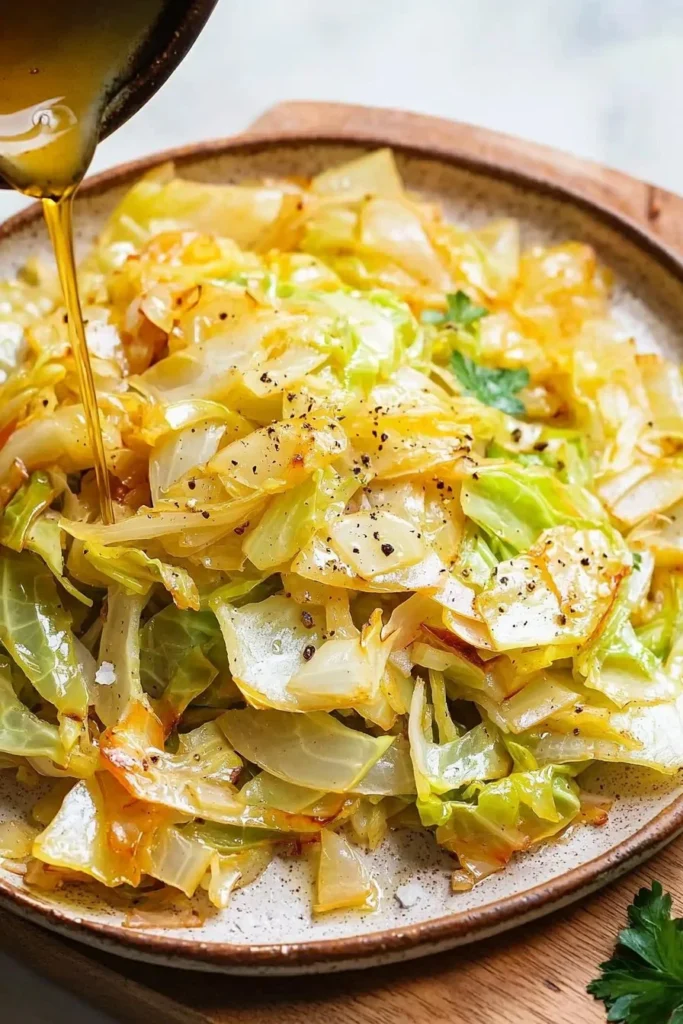 Deliciously sautéed cabbage garnished with herbs in a skillet
