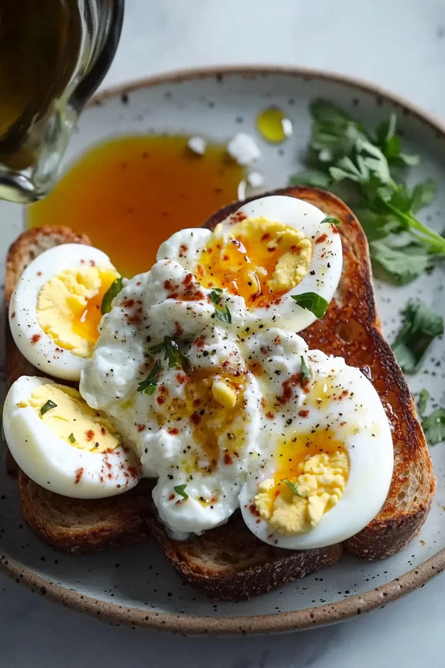 Smashed egg toast topped with yogurt and herbs on a rustic plate