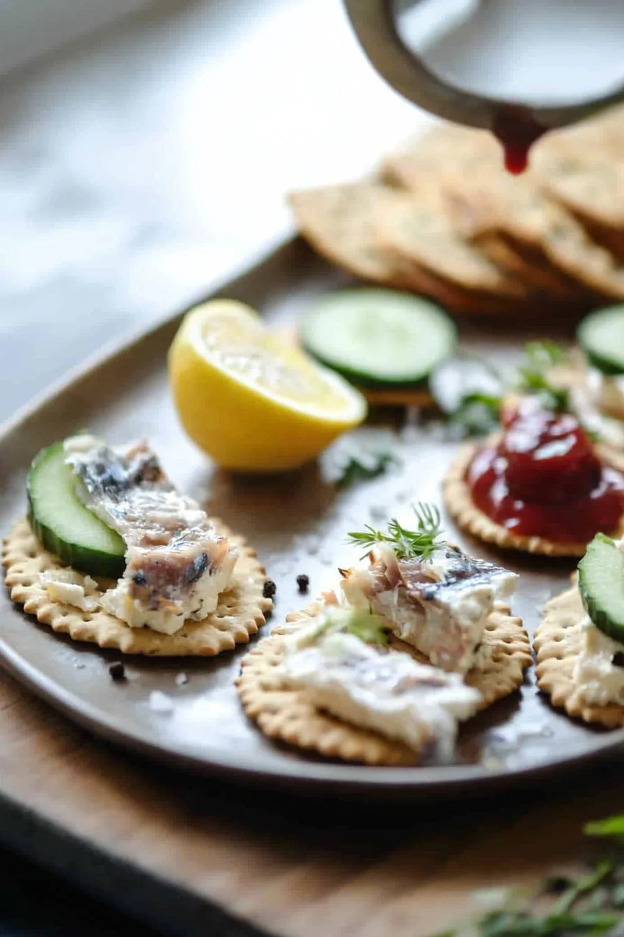 Delicious smoked mackerel pâté canapés served on a platter.