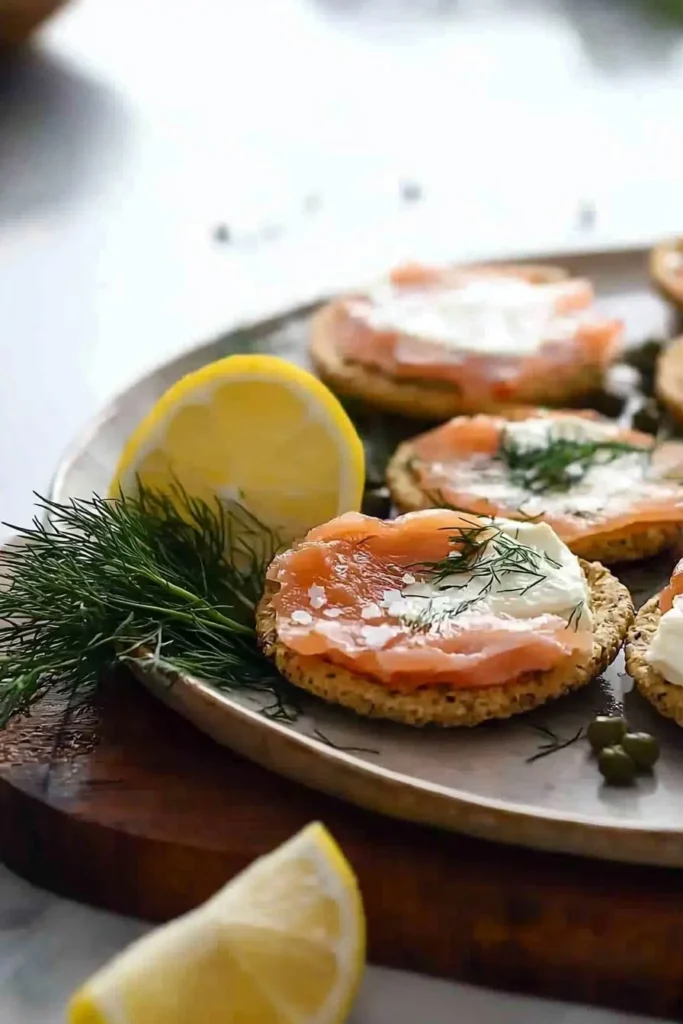 Smoked salmon and cream cheese canapés garnished with herbs on a platter