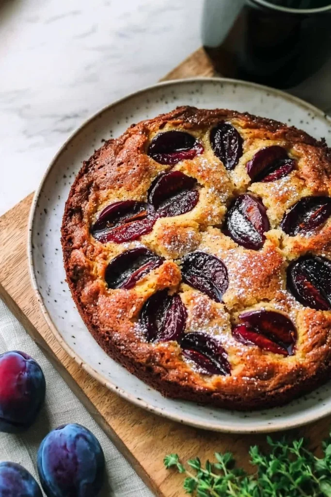 Delicious spiced plum coffee cake served on a rustic plate.