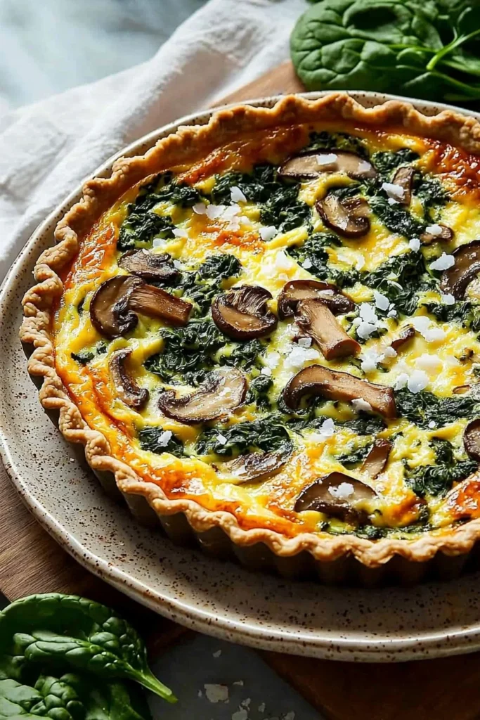 Delicious Spinach Mushroom Quiche with fresh spinach and mushrooms in a crispy crust.