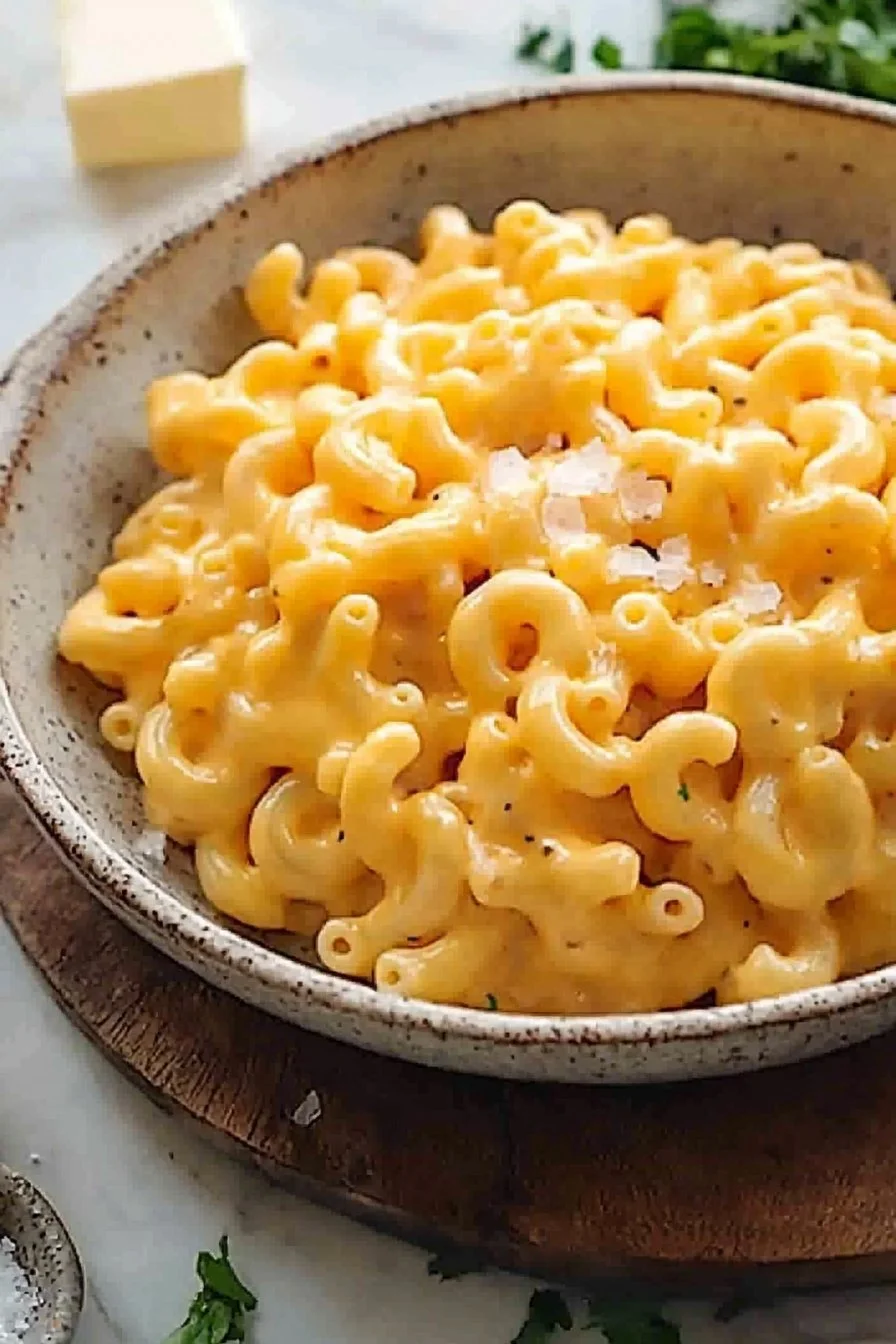 Creamy stovetop mac and cheese in a pot with cheese melting on top