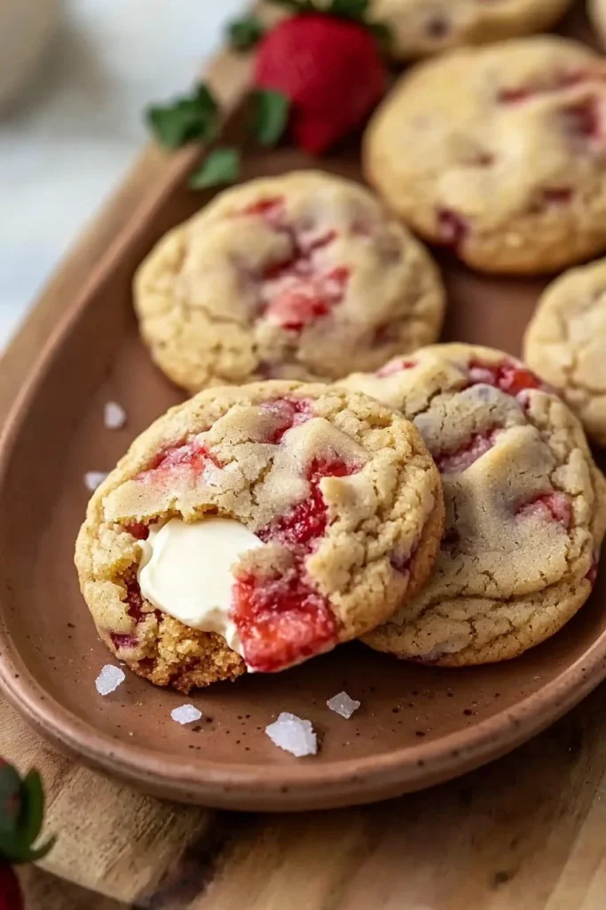 Delicious Strawberry Cheesecake Cookies on a plate, topped with fresh strawberries.