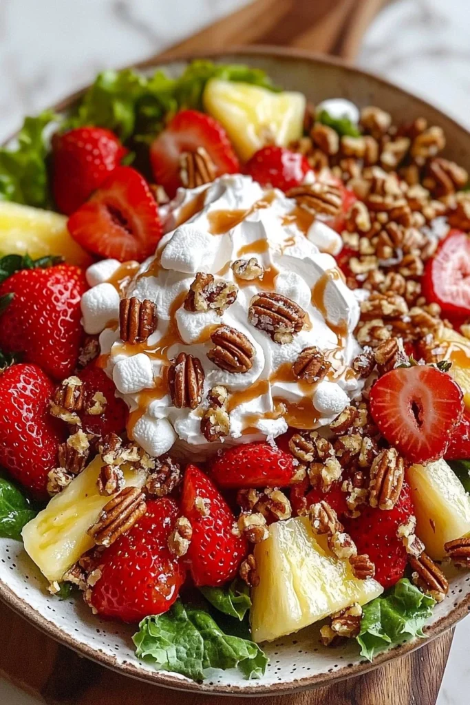 Delicious Strawberry Crackle Salad topped with fresh berries and crunchy elements.