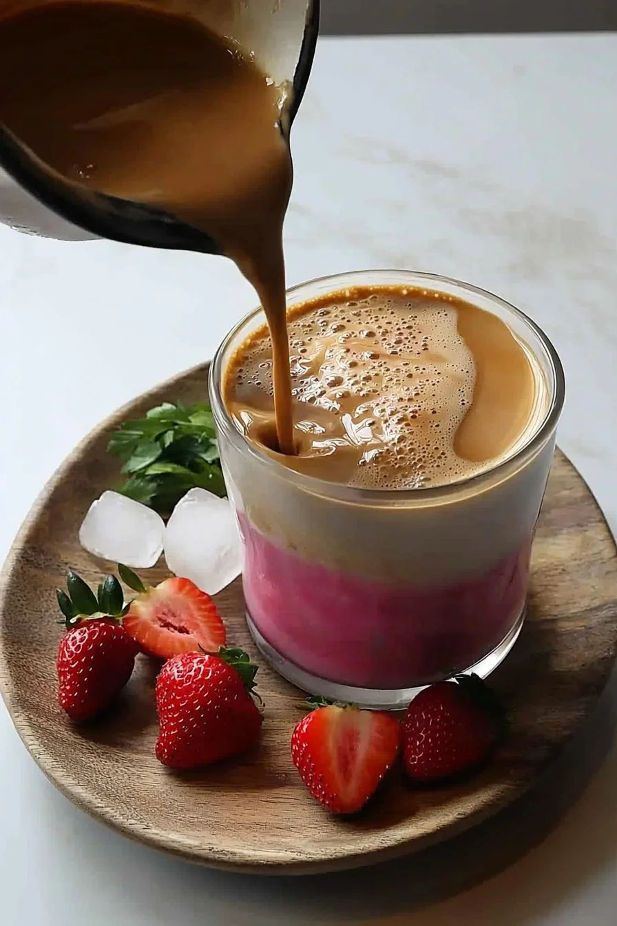 Strawberry Dalgona Latte Coffee served in a glass with whipped strawberry cream