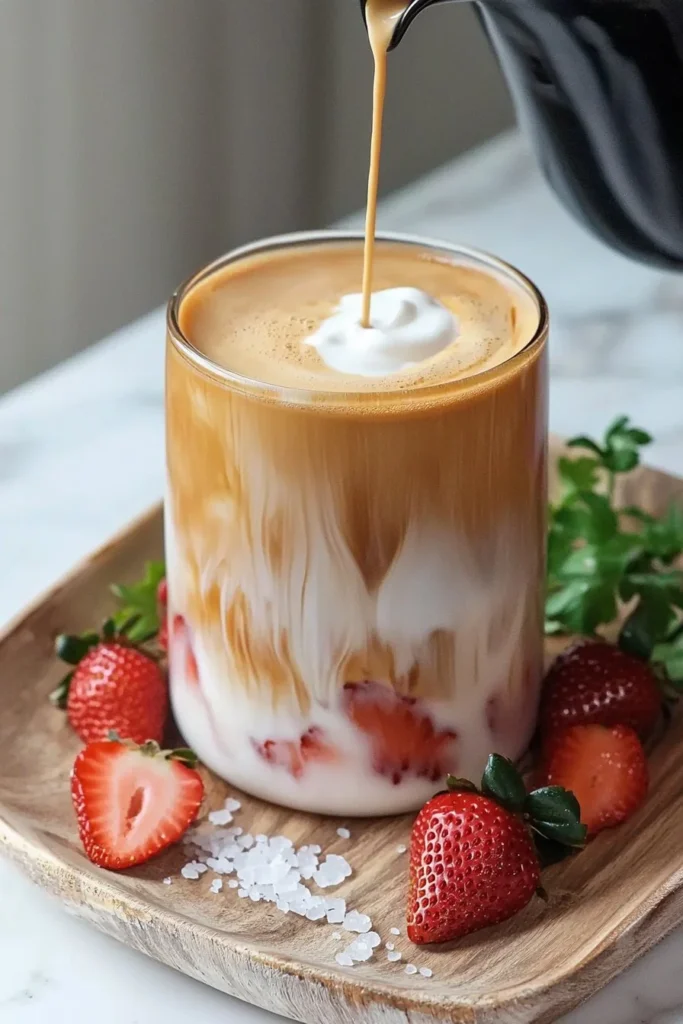 Delicious Strawberry Latte with fresh strawberries and espresso served in a cup