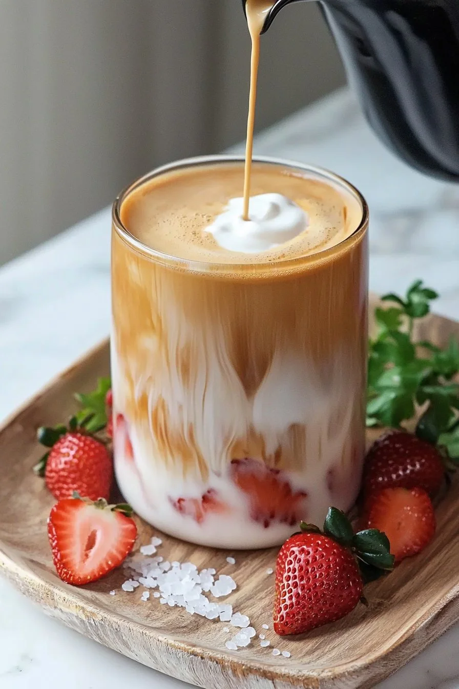 Delicious Strawberry Latte with fresh strawberries and espresso served in a cup