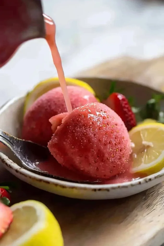 Bowl of refreshing strawberry lemon sorbet topped with fresh strawberries