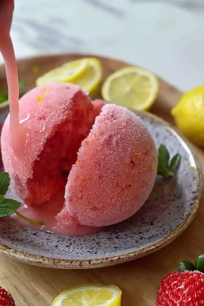Bowl of Strawberry Lemon Sorbet with fresh strawberries and lemon slice on top