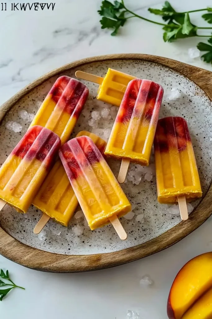 Delicious homemade Strawberry Mango Popsicles on a sunny day.