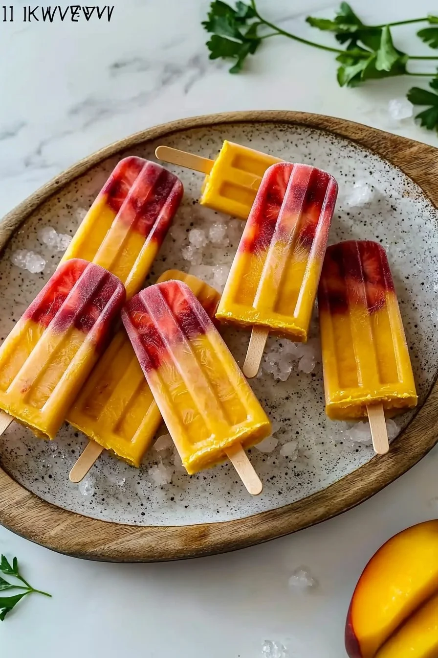 Delicious homemade Strawberry Mango Popsicles on a sunny day.